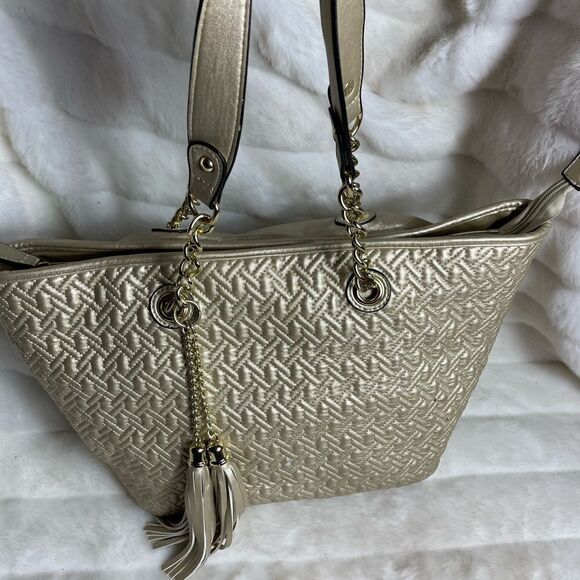 Big Buddha gold quilted front vegan leather tote with gold tone accents … - Picture 2 of 15